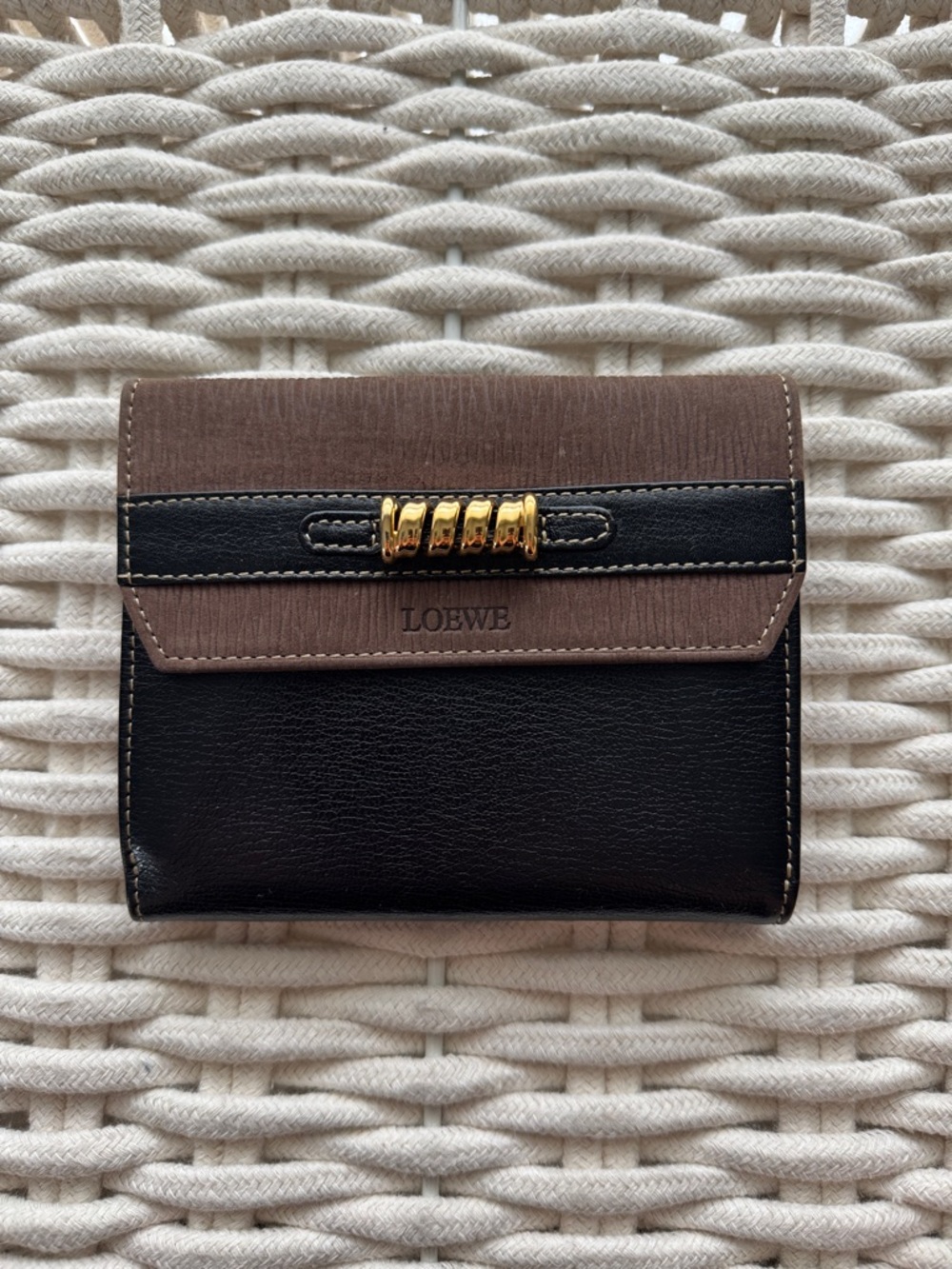 Loewe Compact Two-Tone Leather Wallet in Brown and Black with Gold Accent